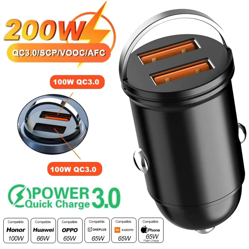 Car 100-200W Dual Port Mini USB Charger Ultra Fast Charging Cigarette Lighter Socket 12-24V Aluminum Cell Phone Charging Adapter